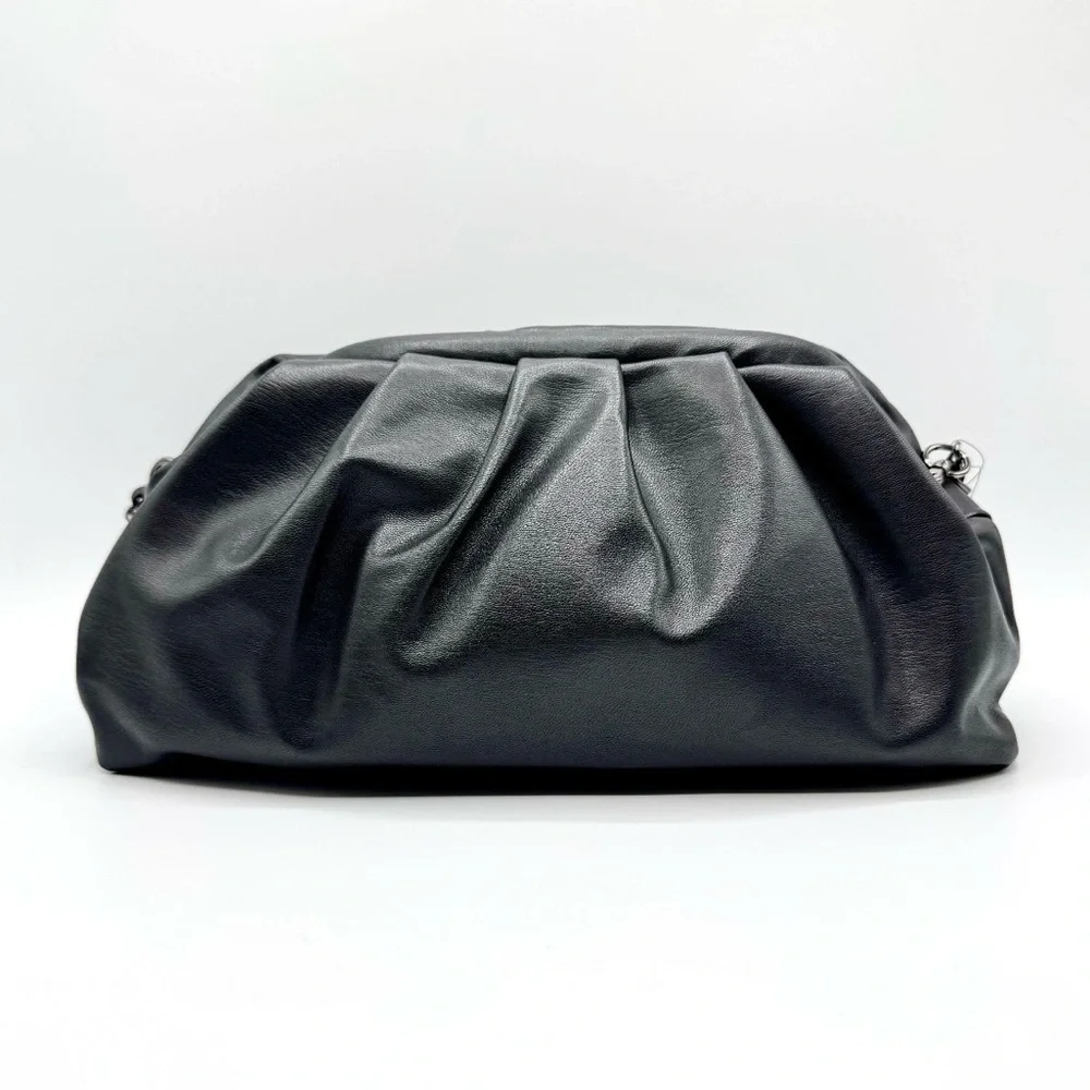 Badgley Mischka Black Ruched Vegan Leather Clutch with Gunmetal-tone Chain Logo